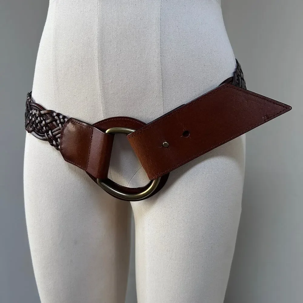 Wide Woven Leather Belt Brown Oversized Ring Buckle Boho Western Cowgirl Women M